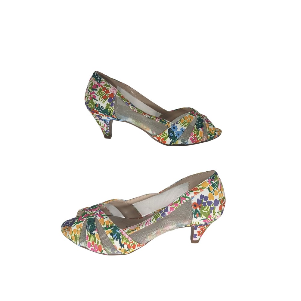 Impo Edna Heels 6M Multi Floral Peep Toe Mesh Kitten Heel Pump Cottagecore